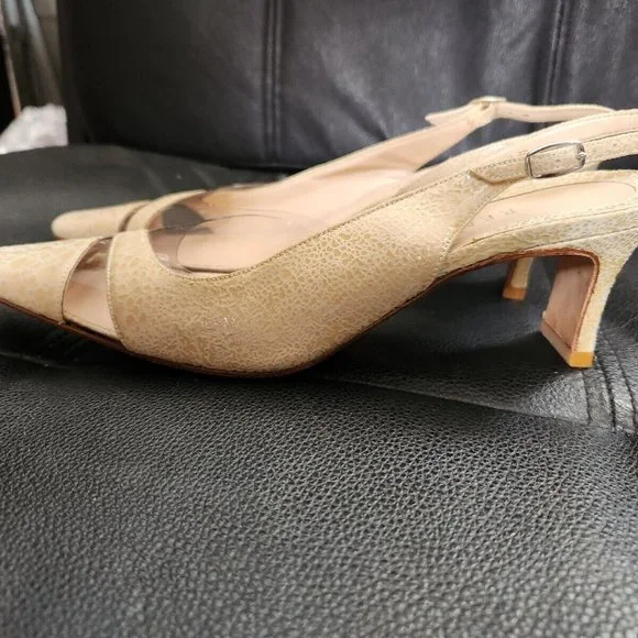 Rene Mancini Cream Leather Reptile Skin Heels Slingback Shoes 35.5 Vintage - Picture 5 of 9